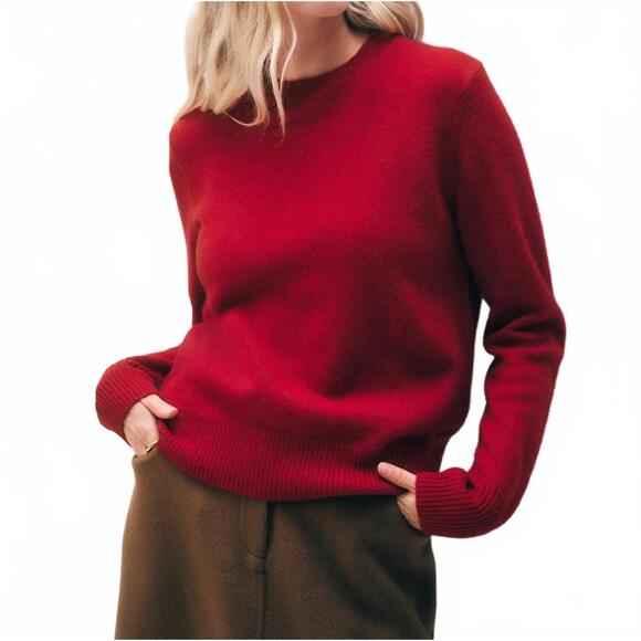 NEW WHITE + WARREN rib trim crewneck pullover in french red